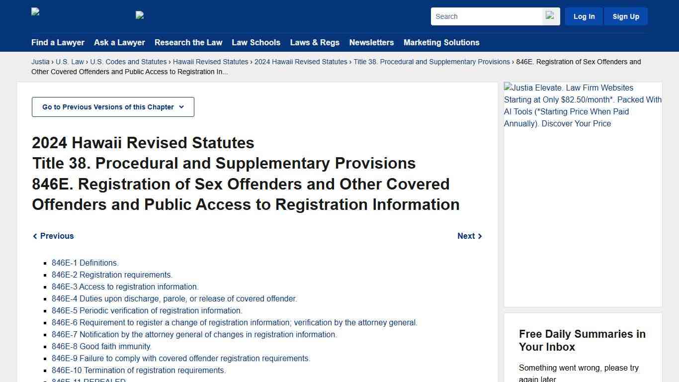 Hawaii Revised Statutes Title 38, Chapter 846E (2024) - Registration of Sex Offenders and Other Covered Offenders and Public Access to Registration Information :: 2024 Hawaii Revised Statutes :: U.S. Codes and Statutes :: U.S. Law :: Justia