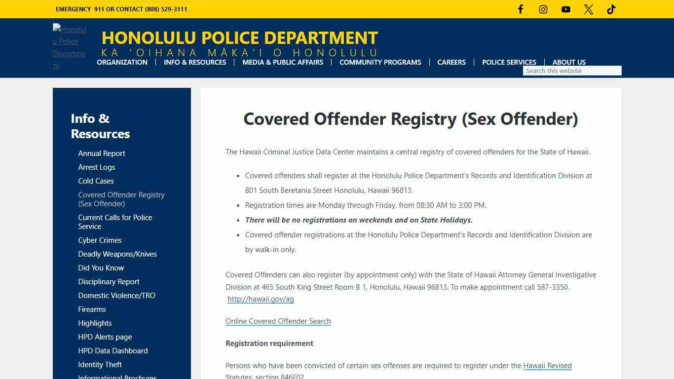Covered Offender Registry (Sex Offender) - Honolulu Police Department